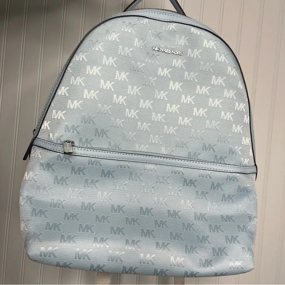 Michael Kors Sheila Large Woven Logo Nylon backpack Sky Blue Jacquard Laptop Bag - Picture 4 of 15